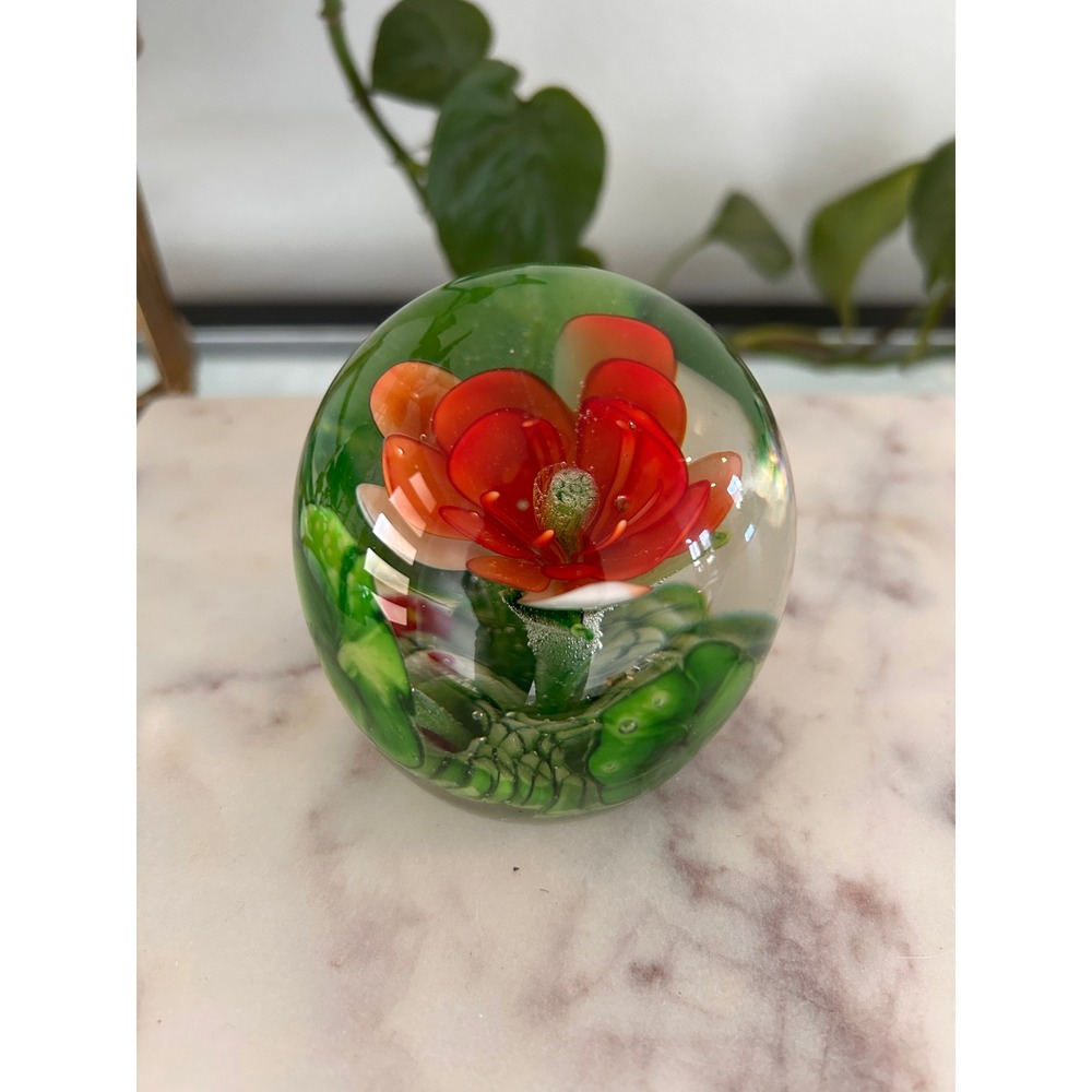 Vintage Art Glass Paperweight Red Flower Green Leaves Controlled Bubble Orb